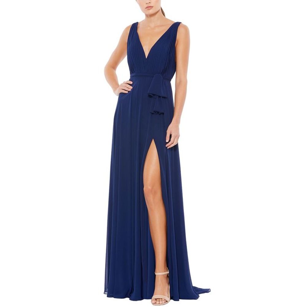 Mac Duggal Womens Pleated V-Neck Draped Tie Gown, Blue